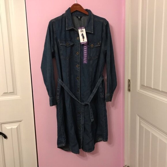 Frye Women’s Tie Belted Denim with Pockets Button-Up Dress Plus Size XXL - Picture 1 of 5
